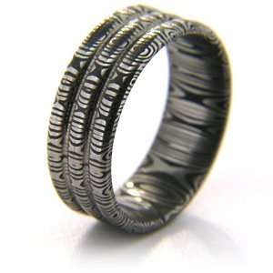  8mm Damascus Steel Ring with Three Channels: Jewelry