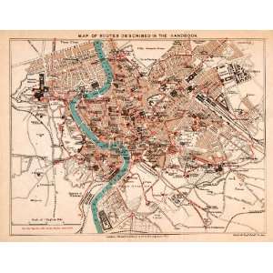  1908 Lithograph Map Rome Italy Route Vatican City Tiber 