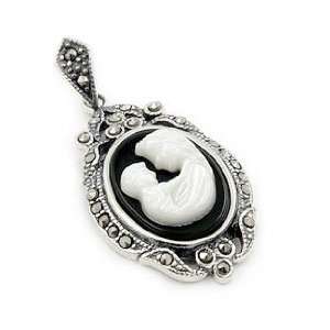   : Sterling Silver Marcasite and Onyx Mop Mother Son Pendant: Jewelry