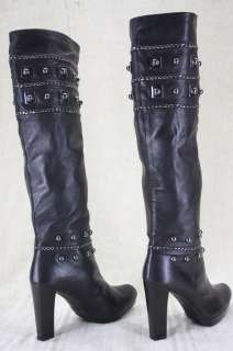 Stuart Weitzman Stadium Black Leather boots 10 $675 Studs chains nappa 