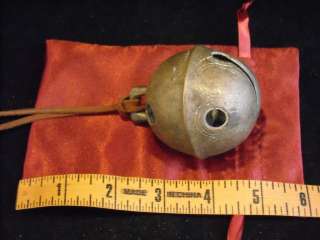 Large Antique Brass Sleigh bell Unpolished petal design in red satin 