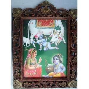 Mother Yashoda giving lesson to Child Krishna poster painting in Wood 