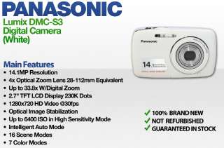 Panasonic Lumix DMC S3 Digital Camera (White) NEW 885170032064  