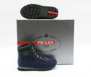 BLUE SUEDE LEATHER PRADA TODDLER HIKER BOOT. LACE UP WITH SIDE ZIPPER 