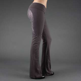 Charcoal Wing Rhinestone Stretch Lounge Yoga Pants L Size  