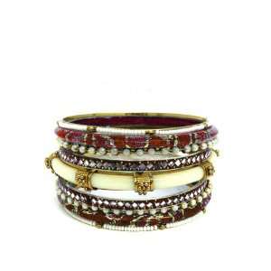  9 Piece Red and Ivory Resin Ethnic Bangles Set (VB10595 