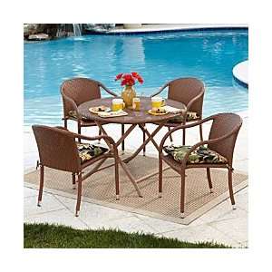 Resin Wicker Round Folding Table with 4 Stackable Chairs   Sandlewood 