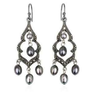   Sterling Silver Marcasite and Grey Pearl Victorian Chandelier Earrings