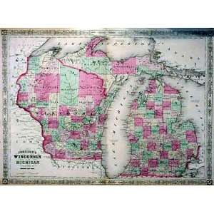  Johnson 1864 Antique Map of Wisconsin & Michigan