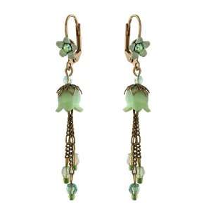 Michal Negrin Dangle Earrings with Hand Painted Lilys, Beads and Green 