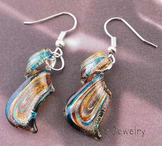 Charm Twisty Striped Lampwork Murano Glass Necklace Earring Set Silver 