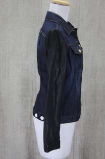 NWT Tory Burch Leather Sleeve Denim Jacket size 0 XS Resin Dark Fade 