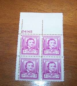 Scott 986 Stamps 3c US Edgar Allen Poe Numbered Block NH  