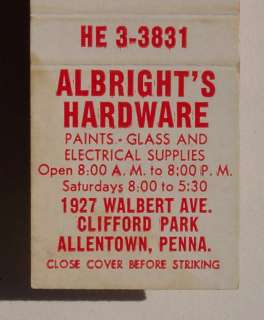 1950s Matchbook Albrights Hardware Allentown PA Lehigh  