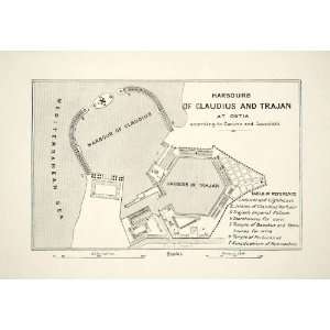  1893 Wood Engraved Map Trajan Claudius Harbor Roman Ostia 