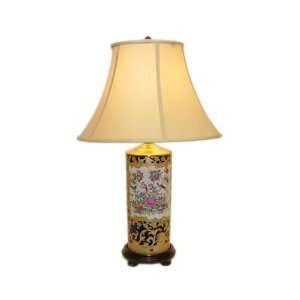  12 Blue & Gold Scroll Cylinder with Birds & Flowers Lamp 