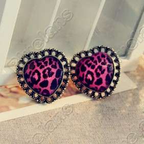 Retro Vintage Love Pink Leopard Lace Gem Fashion Earrings 5201  
