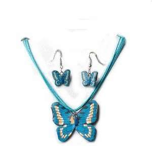 Aqua Blue Butterfly Earrings and Necklace Set on 4 Strand Cord