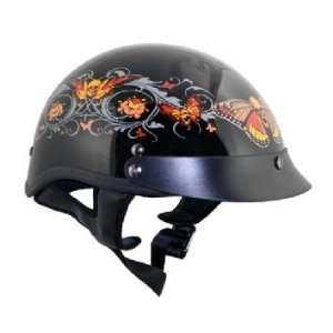 DOT Outlaw Gloss Black Orange Skullflies Half Motorcycle Helmet Sz XS 