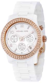 MICHAEL KORS WATCH WHITE CERAMIC WITH ROSE GOLD & CRYSTALS RUNWAY 