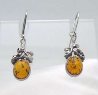 Silver Earrings Amber Sterling Oxidized Oval Cabochon Grape Leaf 