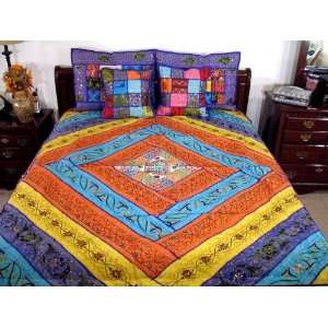 Indian 5p Vintage Sari Coverlet Bedding Bedspread King  
