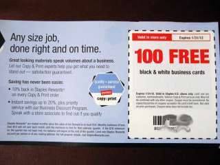   and white BUSINESS CARDS custom printed STAPLES Coupon Voucher  