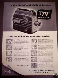 1950 CINE KODAK Reliant Movie Camera Vintage Ad  
