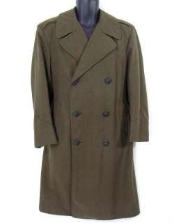 vintage Wool Military Army Overcoat Long Serge Olive Green Dress Coat 
