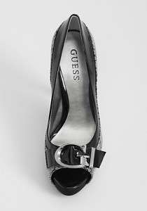 NIB NEW GUESS Black Grey ALESSA Peep Toe w/Buckle G Logo Pumps Shoes 