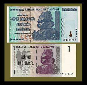 100 TRILLION BILL & 1 ZIMBABWE DOLLAR INFLATION MONEY  