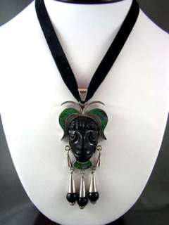 FAB! Vtg Mexican Onyx Sterling MASK Necklace & Earrings  