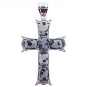Pendants   Dalmatian Jasper Rectangle Inlay Cross Silver Plated Metal 