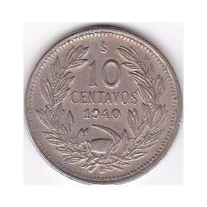  1940 Chile 10 Centavos Coin 