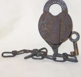 OLD ANTIQUE WB STEEL IRON PADLOCK LOCK /ORIGINAL BRASS KEY DATED 1879 