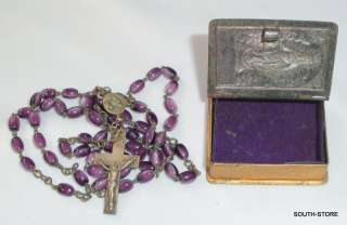 ANTIQUE BOOK RELIC BOX w/ PURPLE CRYSTAL ROSARY.  