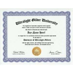 Ultralight Glider Degree Custom Gag Diploma Doctorate Certificate 