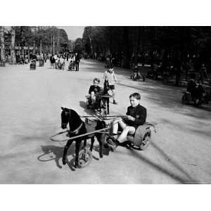  French Children Playing on Toy Horse and Buggy Vehicles 