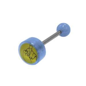 Middle Finger Logo Barbell Tongue Ring   Light Blue Acrylic Beads