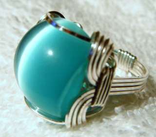 Wire Wrapped Cats Eye Ring   Blue, Size 7.0/7.5  