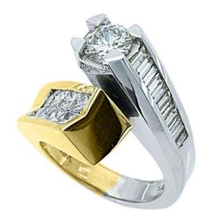   ROUND BAGUETTE CUT DIAMOND ENGAGEMENT RING TWO TONE WHITE GOLD  