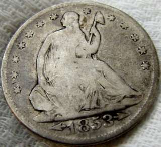 1853 LIBERTY SEATED SILVER HALF DOLLAR WITH ARROWS AND RAYS AROUND 
