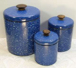 Vintage Ransburg GraniteWare Blue White Speckled Tin/Metal Canisters 