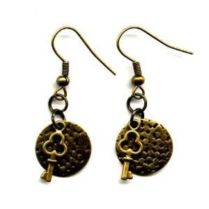  Brass Drop Earrings with Antique Key Charm Jewelry