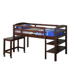  Solid Wood Twin Low Loft Bed w/ Shelves and Rolling Desk 