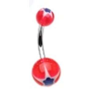 Belly Button Navel Ring Non Dangling with Red and Blue Glitter Punch 