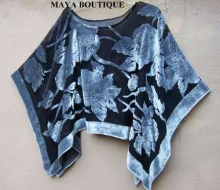 Silk Burnout Velvet Poncho Kimono Top Silver & Black No Fringe Maya 