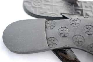 Tory Burch Thora Black Patent Leather Silver Logo Thong Sandals Size 7 