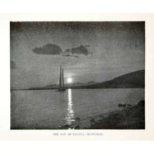  1928 Print Moonlight Sailboat Bay Eleusis Megara Greece 