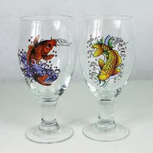  Don Ed Hardy Splashing Koi Goblet Set: Kitchen & Dining